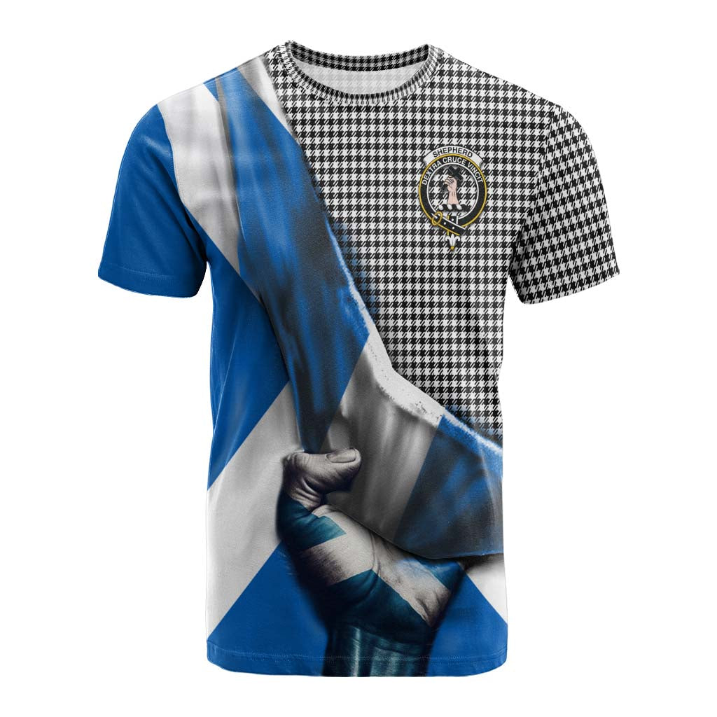 Tartan Vibes Clothing Shepherd Tartan Cotton T-shirt with Family Crest Scotland Patriotic Style