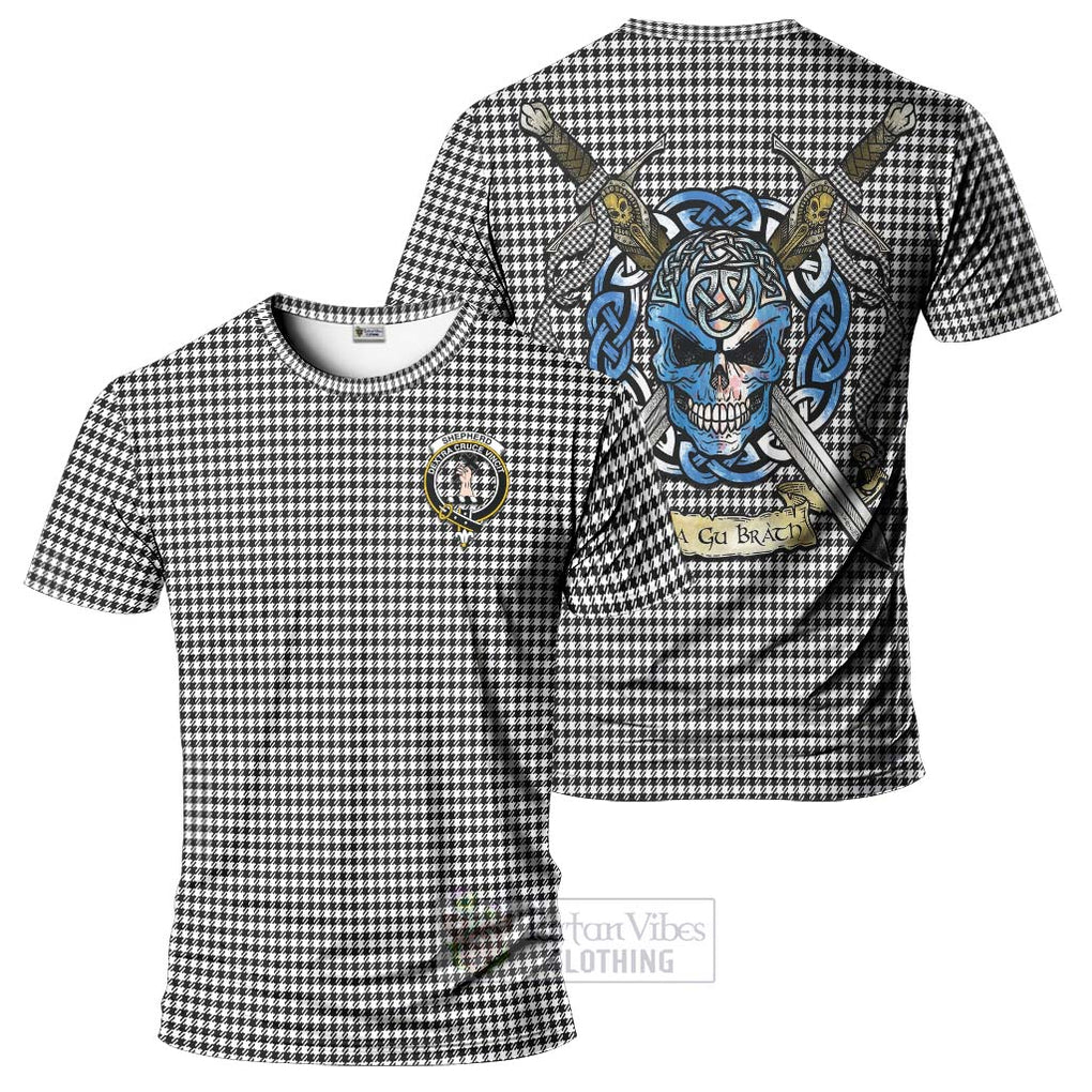 Tartan Vibes Clothing Shepherd Tartan T-Shirt with Family Crest Celtic Skull Style