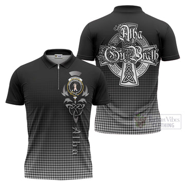 Shepherd Tartan Zipper Polo Shirt Featuring Alba Gu Brath Family Crest Celtic Inspired