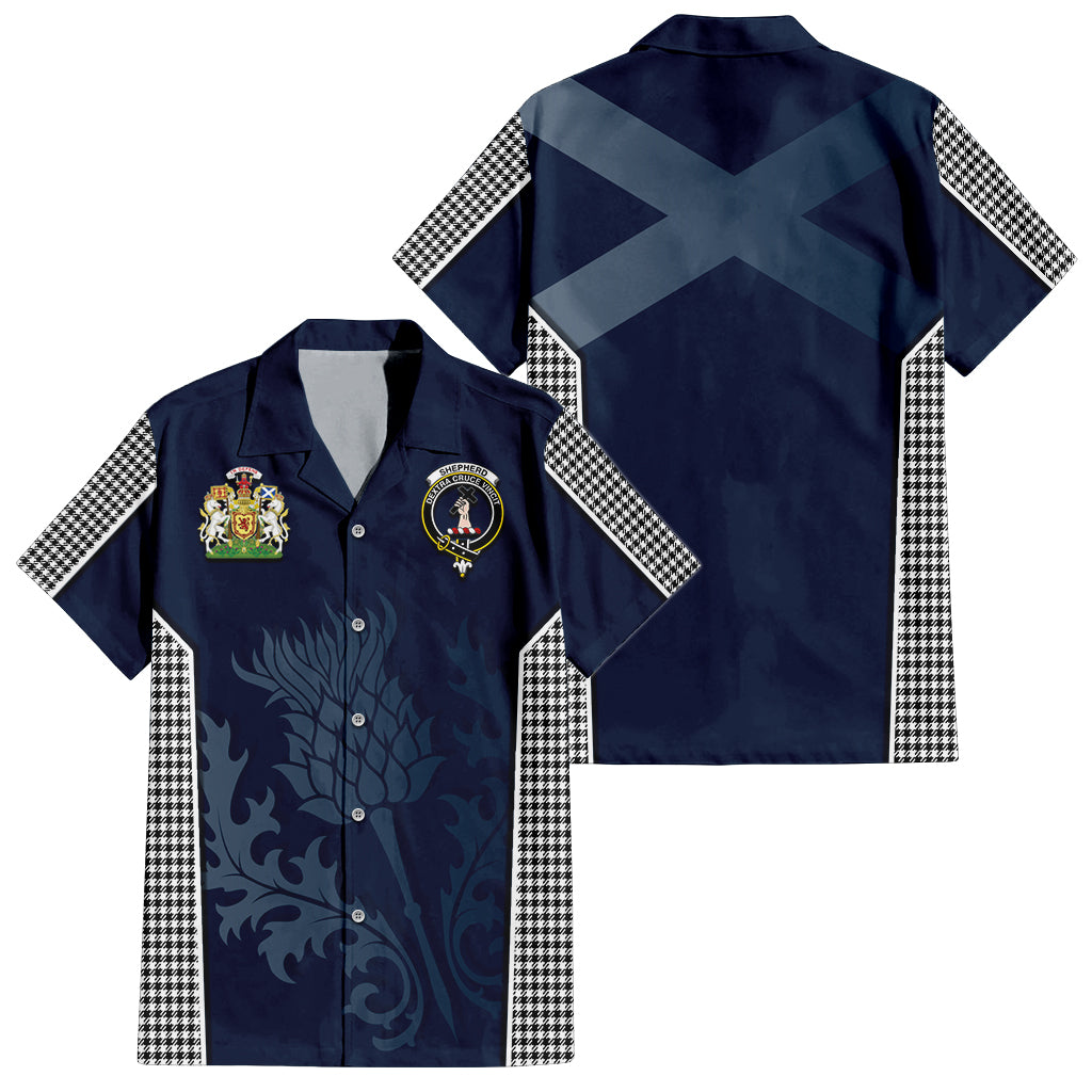 Tartan Vibes Clothing Shepherd Tartan Short Sleeve Button Up Shirt with Family Crest and Scottish Thistle Vibes Sport Style