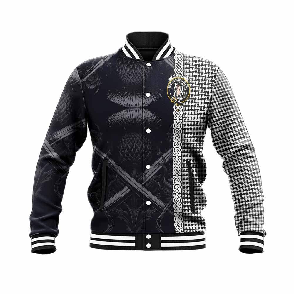 Shepherd Tartan Baseball Jacket with Family Crest Cross Sword Thistle Celtic Vibes Unisex - Tartan Vibes Clothing