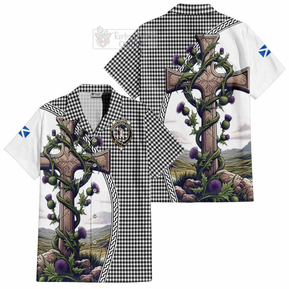 Tartan Vibes Clothing Shepherd Tartan Short Sleeve Button Shirt with Family Crest and St. Andrew's Cross Accented by Thistle Vines