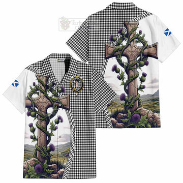 Shepherd Tartan Short Sleeve Button Shirt with Family Crest and St. Andrew's Cross Accented by Thistle Vines