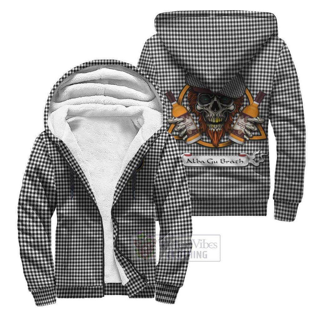 Tartan Vibes Clothing Shepherd Tartan Sherpa Hoodie with Family Crest and Bearded Skull Holding Bottles of Whiskey