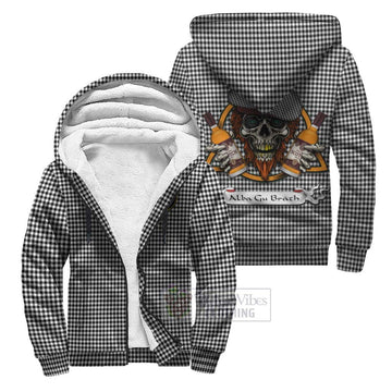 Shepherd Tartan Sherpa Hoodie with Family Crest and Bearded Skull Holding Bottles of Whiskey