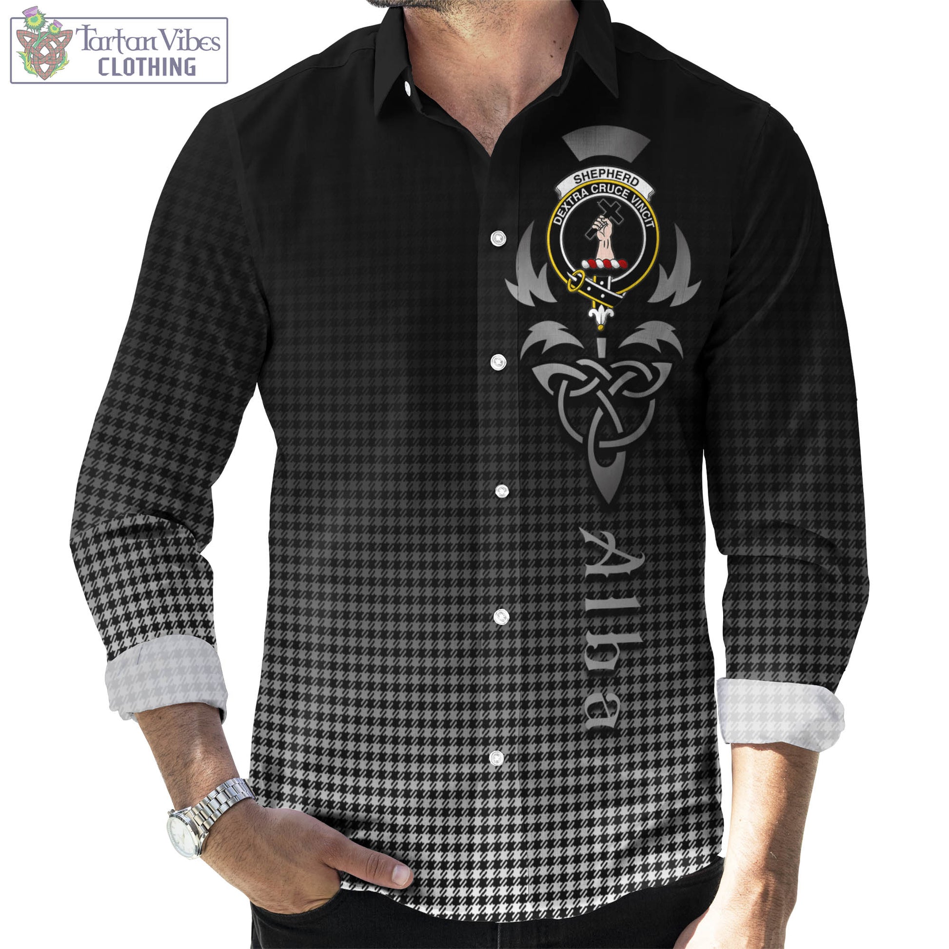 Tartan Vibes Clothing Shepherd Tartan Long Sleeve Button Up Featuring Alba Gu Brath Family Crest Celtic Inspired