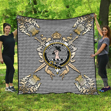 Shepherd Tartan Quilt with Family Crest and Scottish Golden Courage Shield