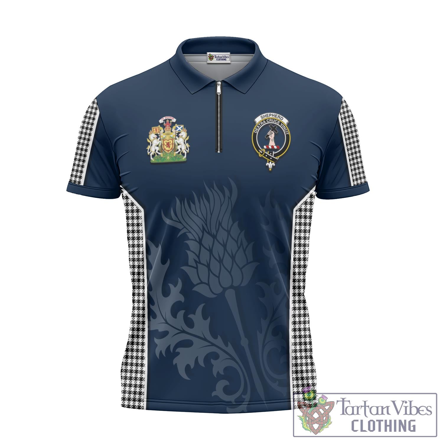 Tartan Vibes Clothing Shepherd Tartan Zipper Polo Shirt with Family Crest and Scottish Thistle Vibes Sport Style