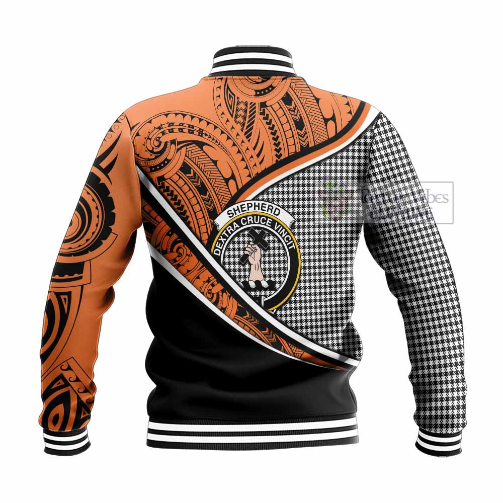 Tartan Vibes Clothing Shepherd Crest Tartan Baseball Jacket with Maori Tattoo Style - Orange Version