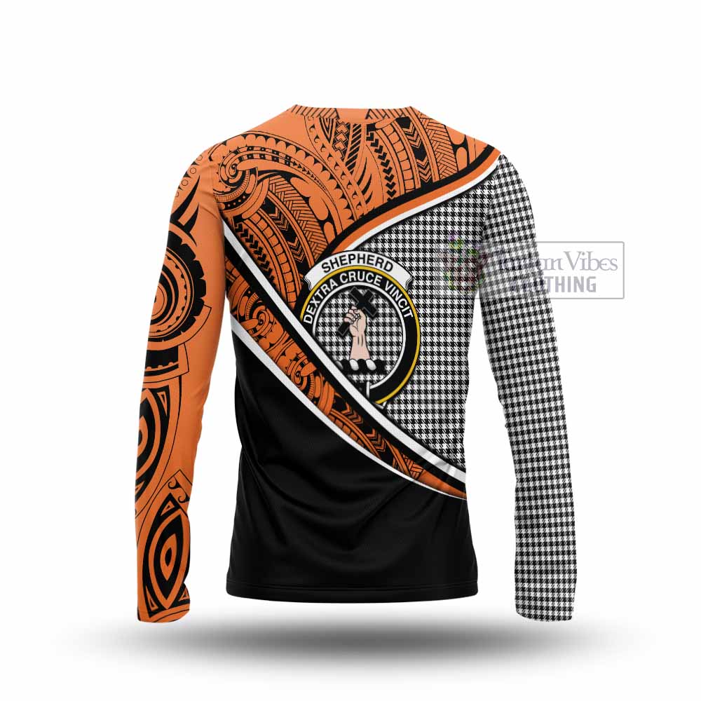 Tartan Vibes Clothing Shepherd Crest Tartan Long Sleeve T-Shirt with Maori Tattoo Style - Orange Version