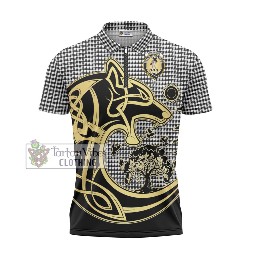 Shepherd Tartan Zipper Polo Shirt with Family Crest Celtic Wolf Style - Tartanvibesclothing Shop