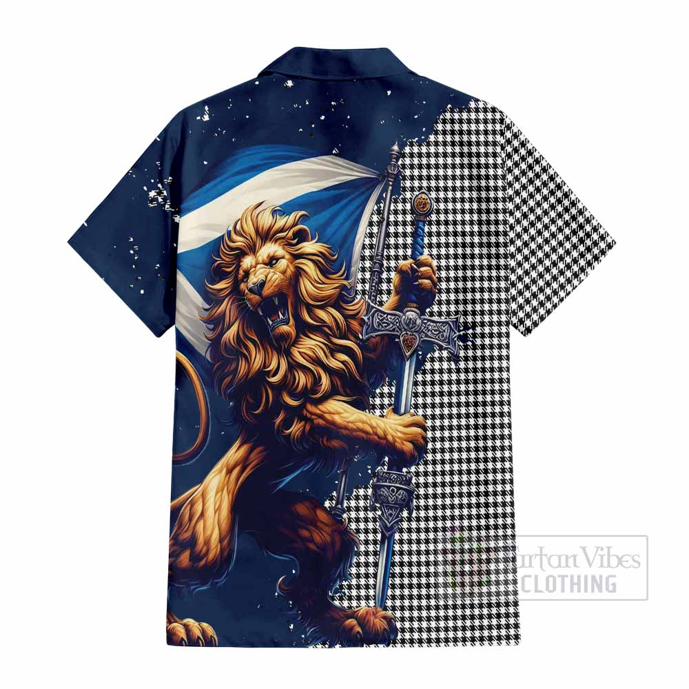 Tartan Vibes Clothing Shepherd Tartan Family Crest Short Sleeve Button Shirt with Scottish Majestic Lion