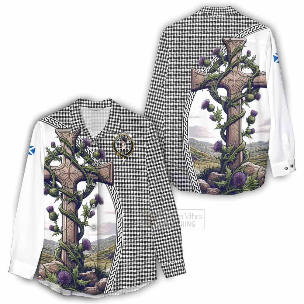 Tartan Vibes Clothing Shepherd Tartan Women's Casual Shirt with Family Crest and St. Andrew's Cross Accented by Thistle Vines