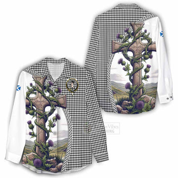 Shepherd Tartan Women's Casual Shirt with Family Crest and St. Andrew's Cross Accented by Thistle Vines