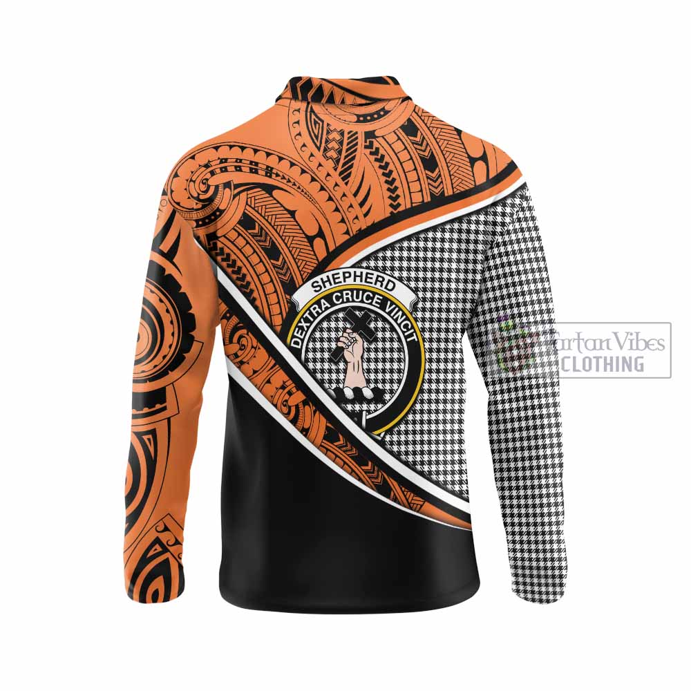 Tartan Vibes Clothing Shepherd Crest Tartan Long Sleeve Polo Shirt with Maori Tattoo Style - Orange Version