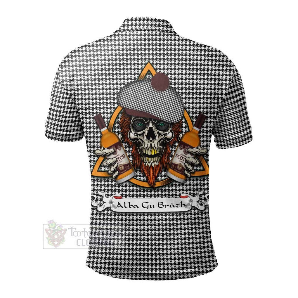 Tartan Vibes Clothing Shepherd Tartan Polo Shirt with Family Crest and Bearded Skull Holding Bottles of Whiskey