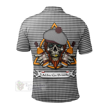 Shepherd Tartan Polo Shirt with Family Crest and Bearded Skull Holding Bottles of Whiskey