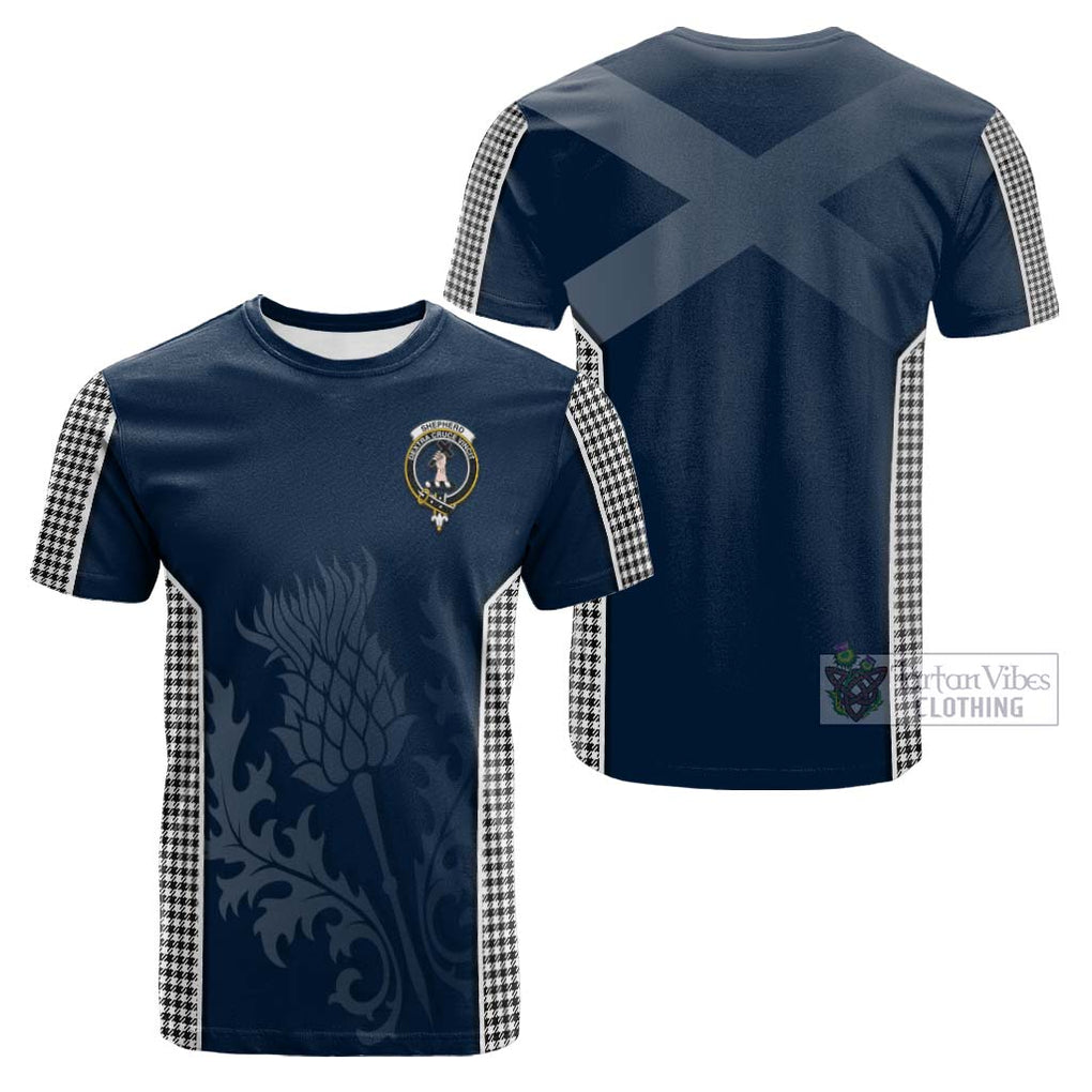 Tartan Vibes Clothing Shepherd Tartan Cotton T-shirt with Family Crest and Scottish Thistle Vibes Sport Style