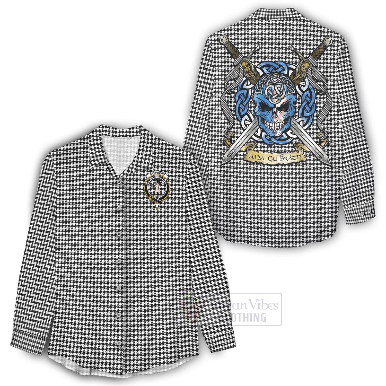 Tartan Vibes Clothing Shepherd Tartan Women's Casual Shirt with Family Crest Celtic Skull Style