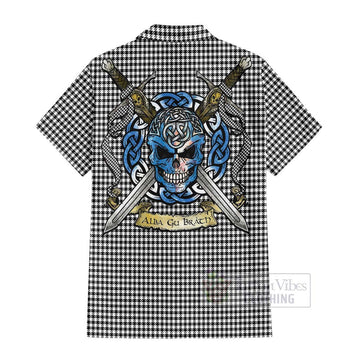 Shepherd Tartan Short Sleeve Button Shirt with Family Crest Celtic Skull Style