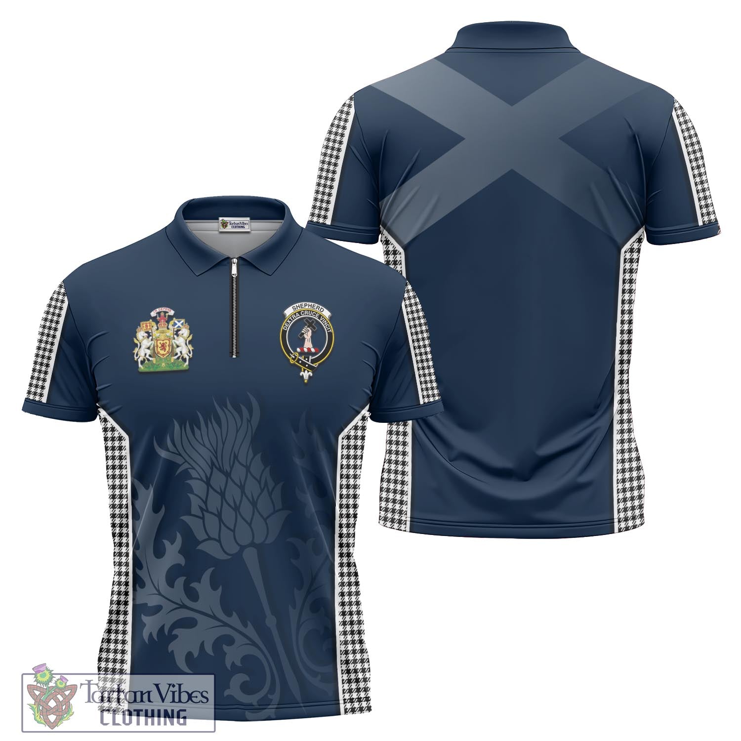 Tartan Vibes Clothing Shepherd Tartan Zipper Polo Shirt with Family Crest and Scottish Thistle Vibes Sport Style