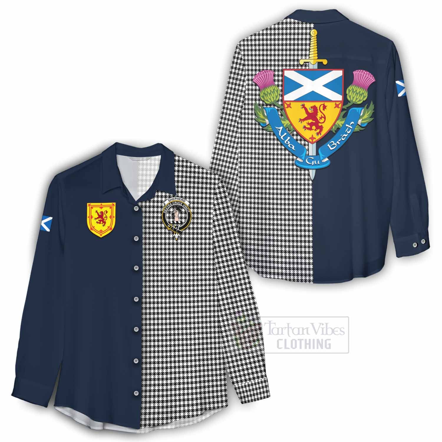 Tartan Vibes Clothing Shepherd Tartan Women's Casual Shirt Alba with Scottish Lion Royal Arm Half Style