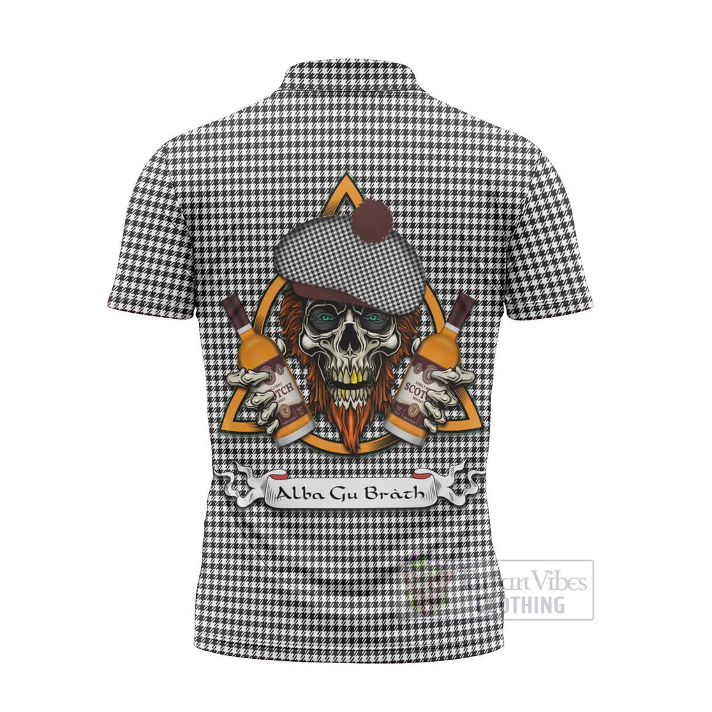 Tartan Vibes Clothing Shepherd Tartan Zipper Polo Shirt with Family Crest and Bearded Skull Holding Bottles of Whiskey