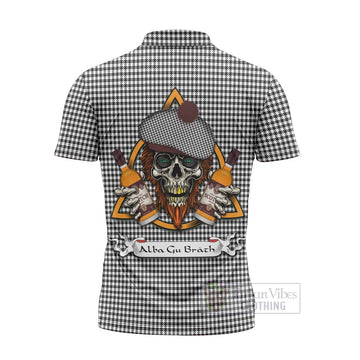 Shepherd Tartan Zipper Polo Shirt with Family Crest and Bearded Skull Holding Bottles of Whiskey