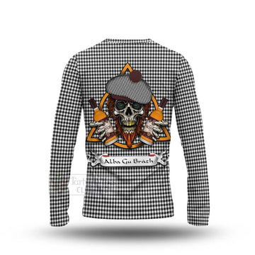 Shepherd Tartan Long Sleeve T-Shirt with Family Crest and Bearded Skull Holding Bottles of Whiskey