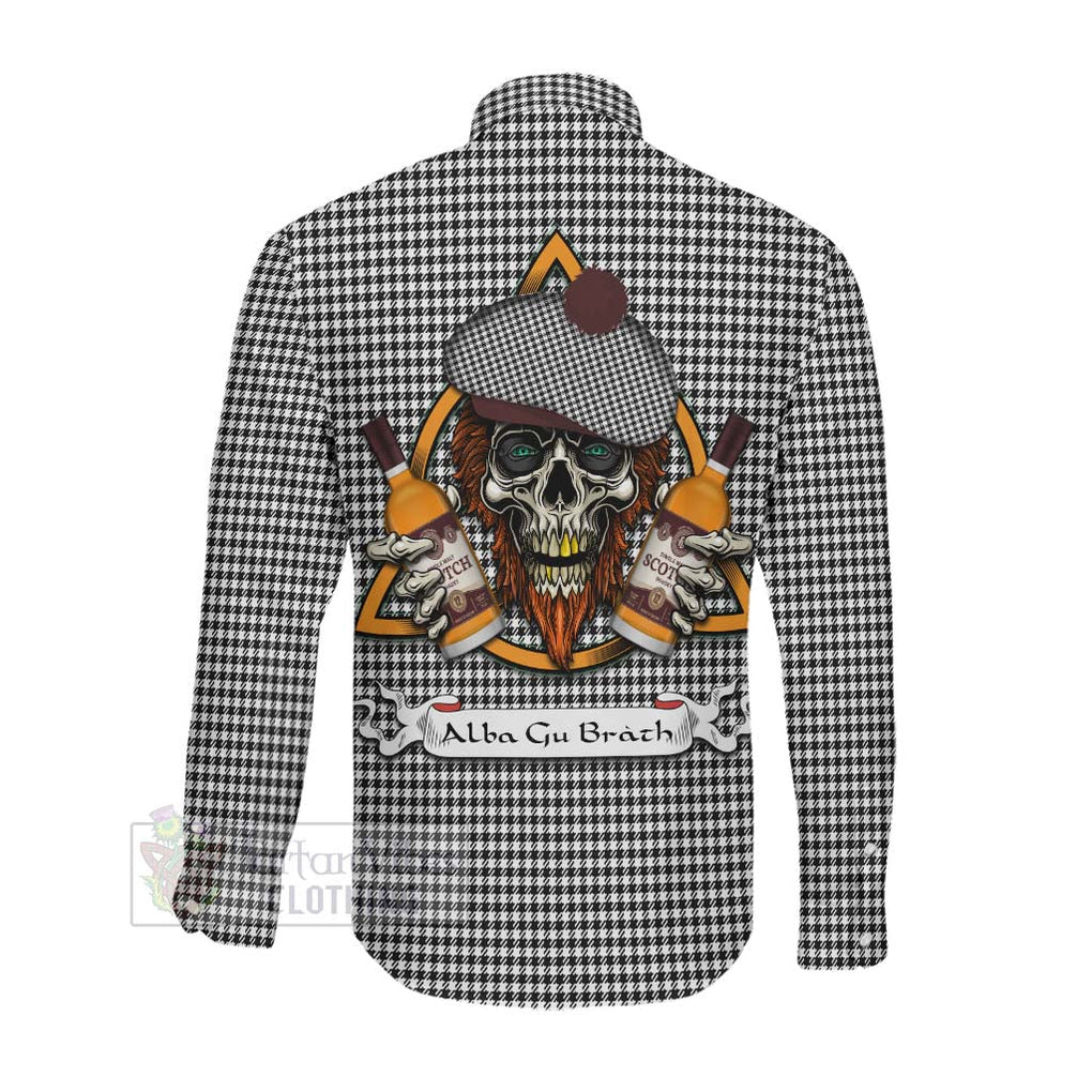 Tartan Vibes Clothing Shepherd Tartan Long Sleeve Button Shirt with Family Crest and Bearded Skull Holding Bottles of Whiskey