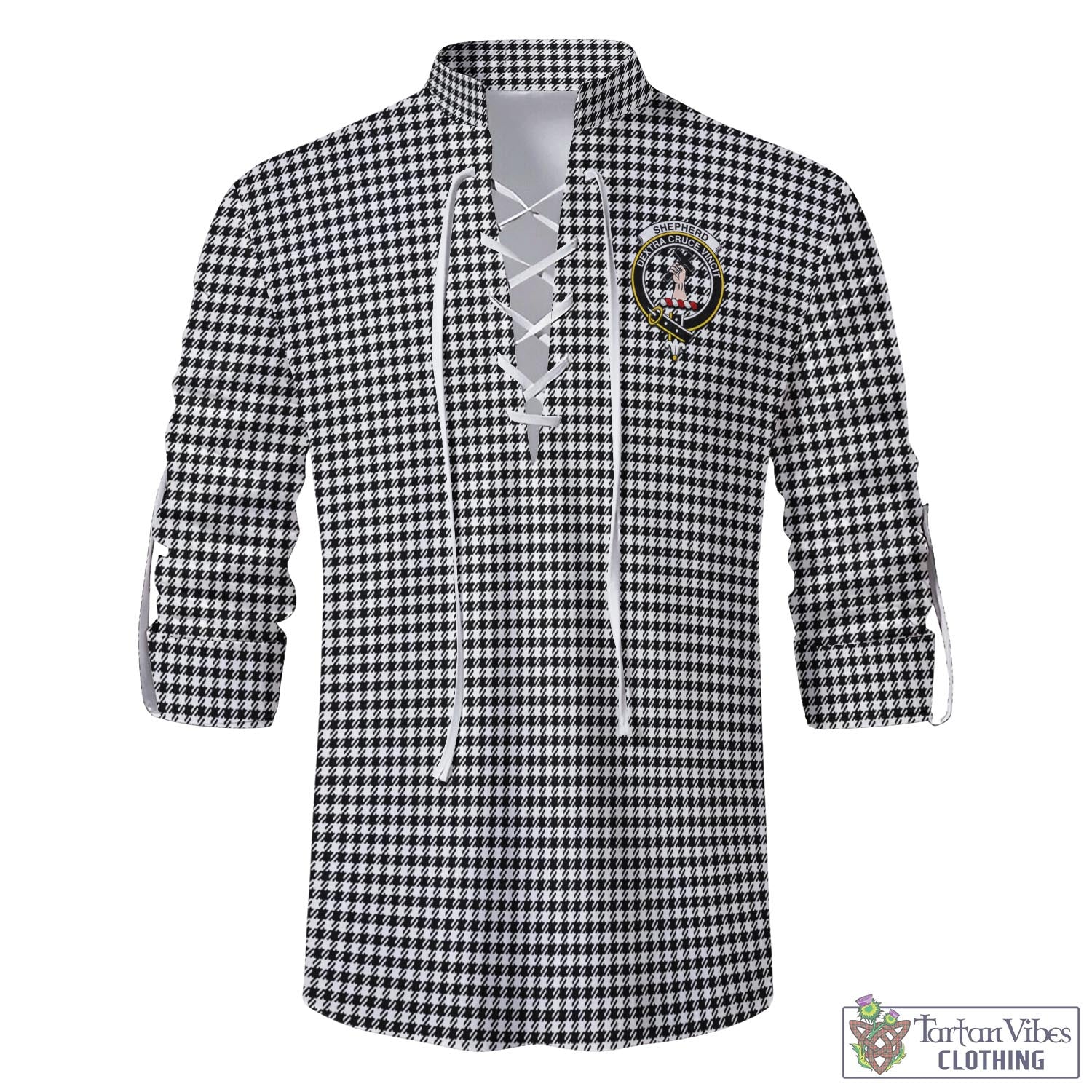 Tartan Vibes Clothing Shepherd Tartan Men's Scottish Traditional Jacobite Ghillie Kilt Shirt with Family Crest