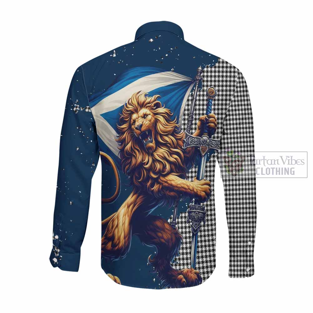 Tartan Vibes Clothing Shepherd Tartan Family Crest Long Sleeve Button Shirt with Scottish Majestic Lion