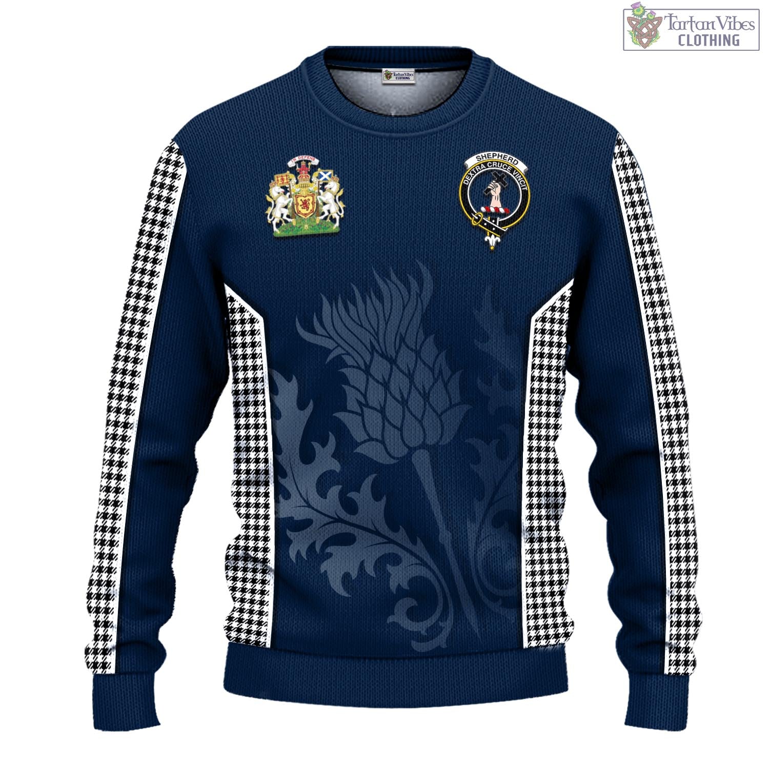 Tartan Vibes Clothing Shepherd Tartan Knitted Sweatshirt with Family Crest and Scottish Thistle Vibes Sport Style