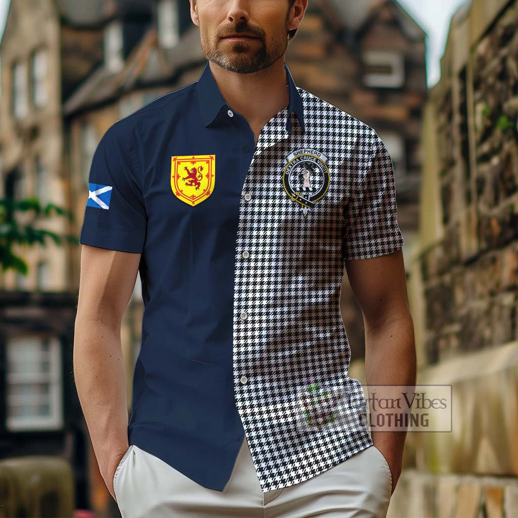 Tartan Vibes Clothing Shepherd Tartan Short Sleeve Button Shirt with Scottish Lion Royal Arm Half Style