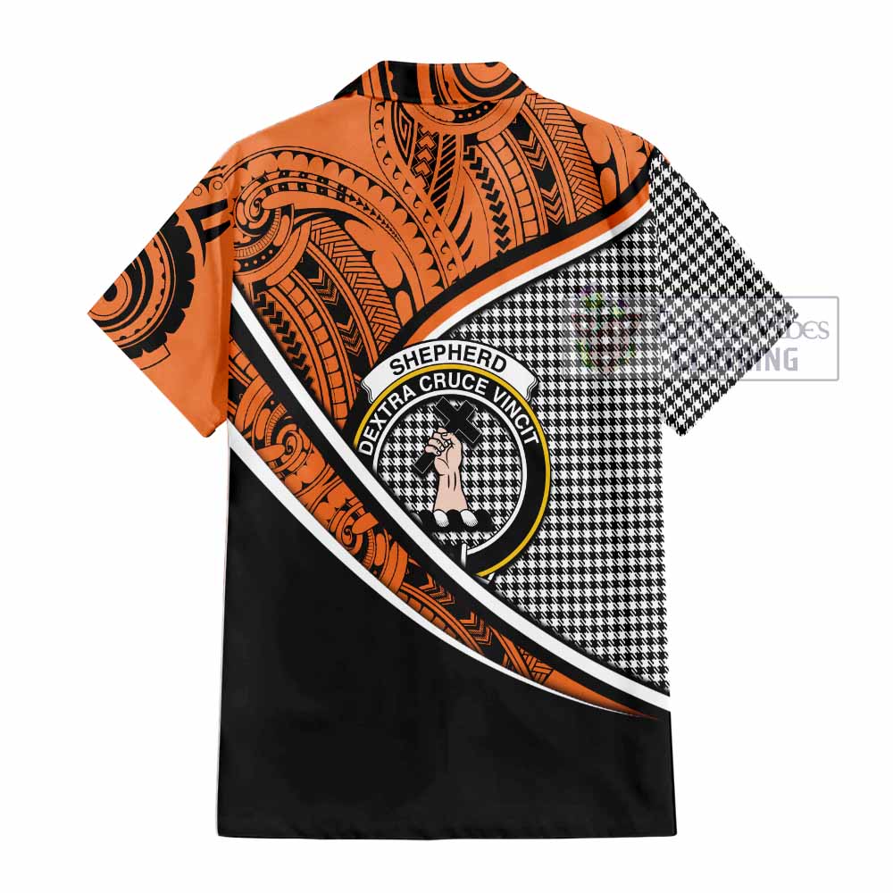 Tartan Vibes Clothing Shepherd Crest Tartan Short Sleeve Button Shirt with Maori Tattoo Style - Orange Version