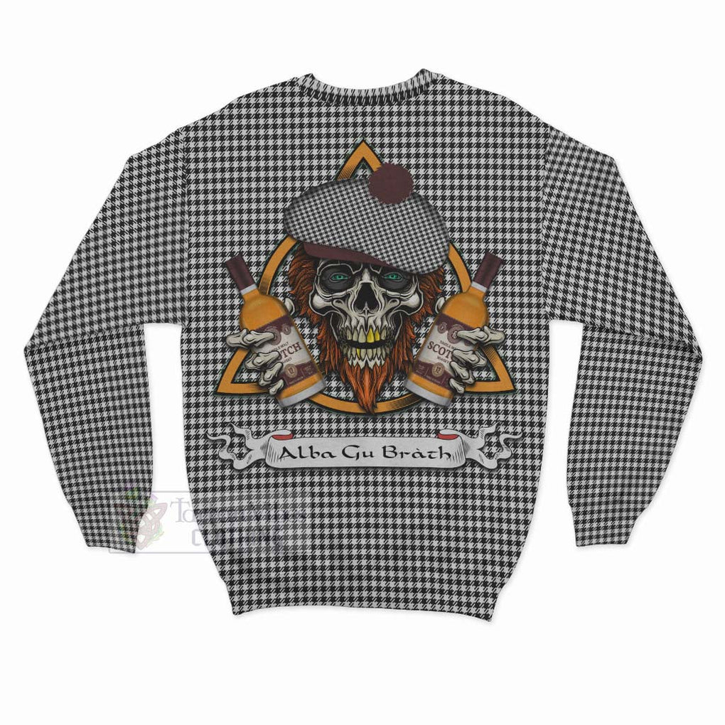 Tartan Vibes Clothing Shepherd Tartan Sweatshirt with Family Crest and Bearded Skull Holding Bottles of Whiskey