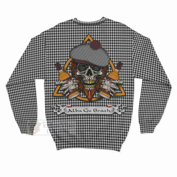 Shepherd Tartan Sweatshirt with Family Crest and Bearded Skull Holding Bottles of Whiskey