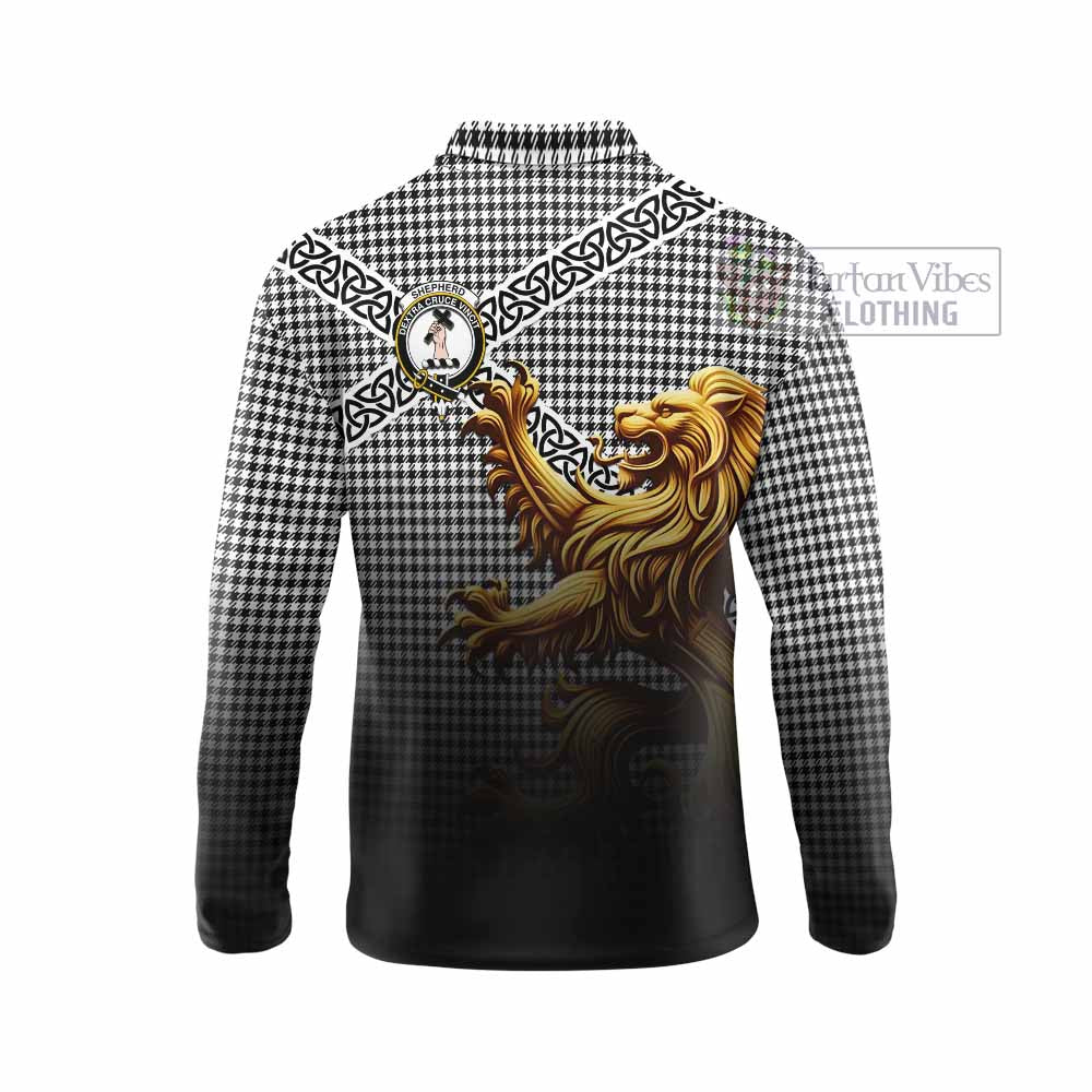 Shepherd Crest Tartan Long Sleeve Polo Shirt with Golden Lion Emblem Celtic Style - Tartan Vibes Clothing