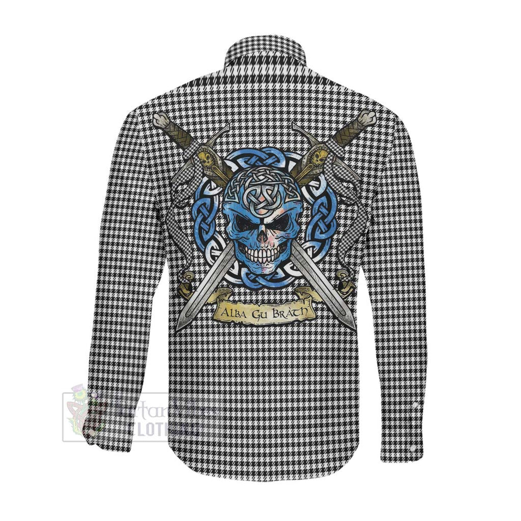 Tartan Vibes Clothing Shepherd Tartan Long Sleeve Button Shirt with Family Crest Celtic Skull Style