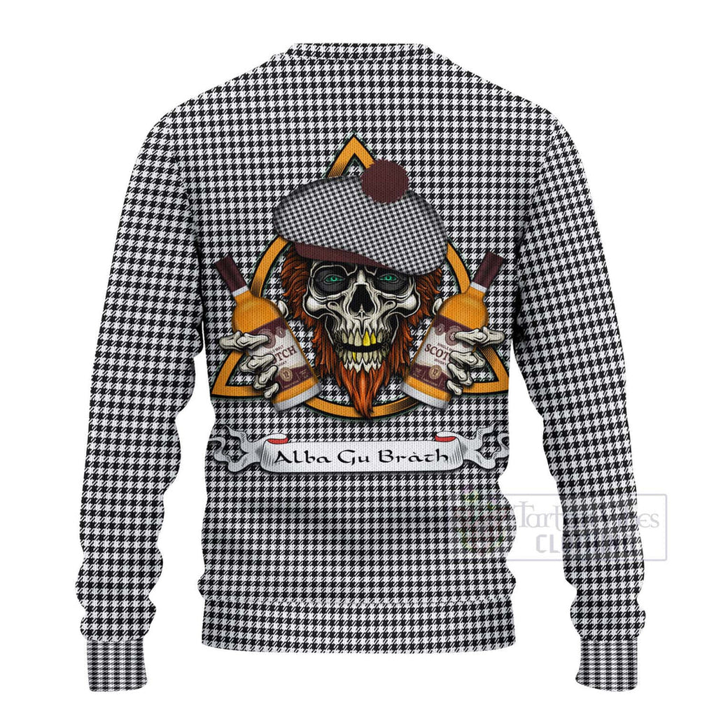 Tartan Vibes Clothing Shepherd Tartan Knitted Sweater with Family Crest and Bearded Skull Holding Bottles of Whiskey