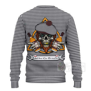 Shepherd Tartan Ugly Sweater with Family Crest and Bearded Skull Holding Bottles of Whiskey