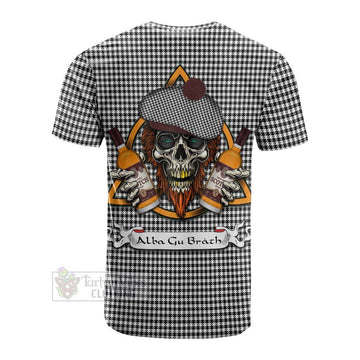 Shepherd Tartan Cotton T-shirt with Family Crest and Bearded Skull Holding Bottles of Whiskey