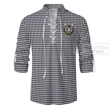 Shepherd Tartan Ghillie Kilt Shirt with Family Crest and Bearded Skull Holding Bottles of Whiskey