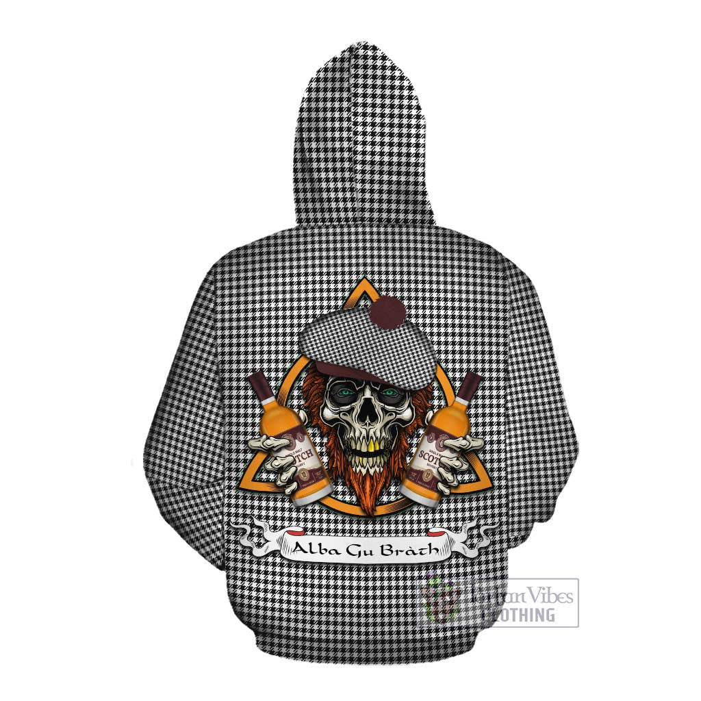 Tartan Vibes Clothing Shepherd Tartan Cotton Hoodie with Family Crest and Bearded Skull Holding Bottles of Whiskey