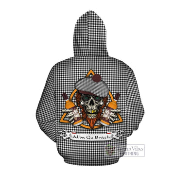 Shepherd Tartan Cotton Hoodie with Family Crest and Bearded Skull Holding Bottles of Whiskey