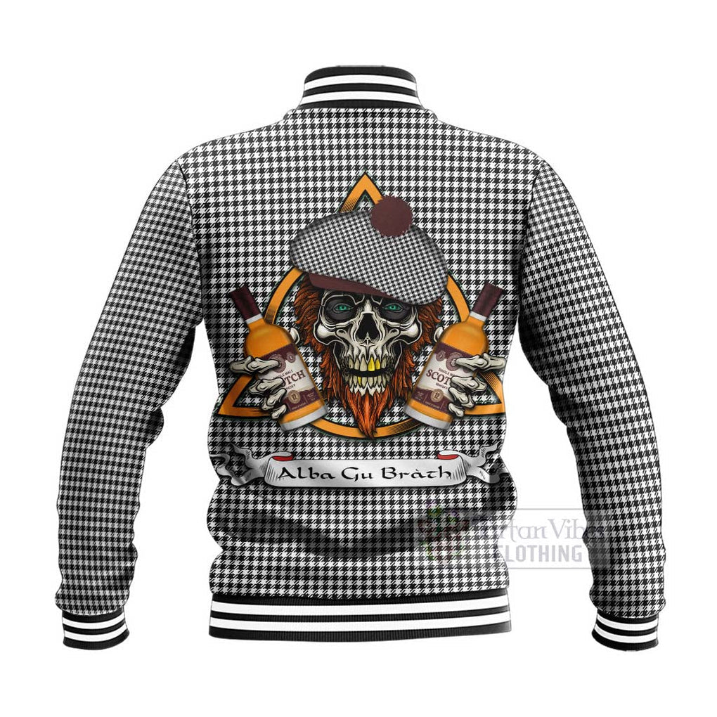 Tartan Vibes Clothing Shepherd Tartan Baseball Jacket with Family Crest and Bearded Skull Holding Bottles of Whiskey