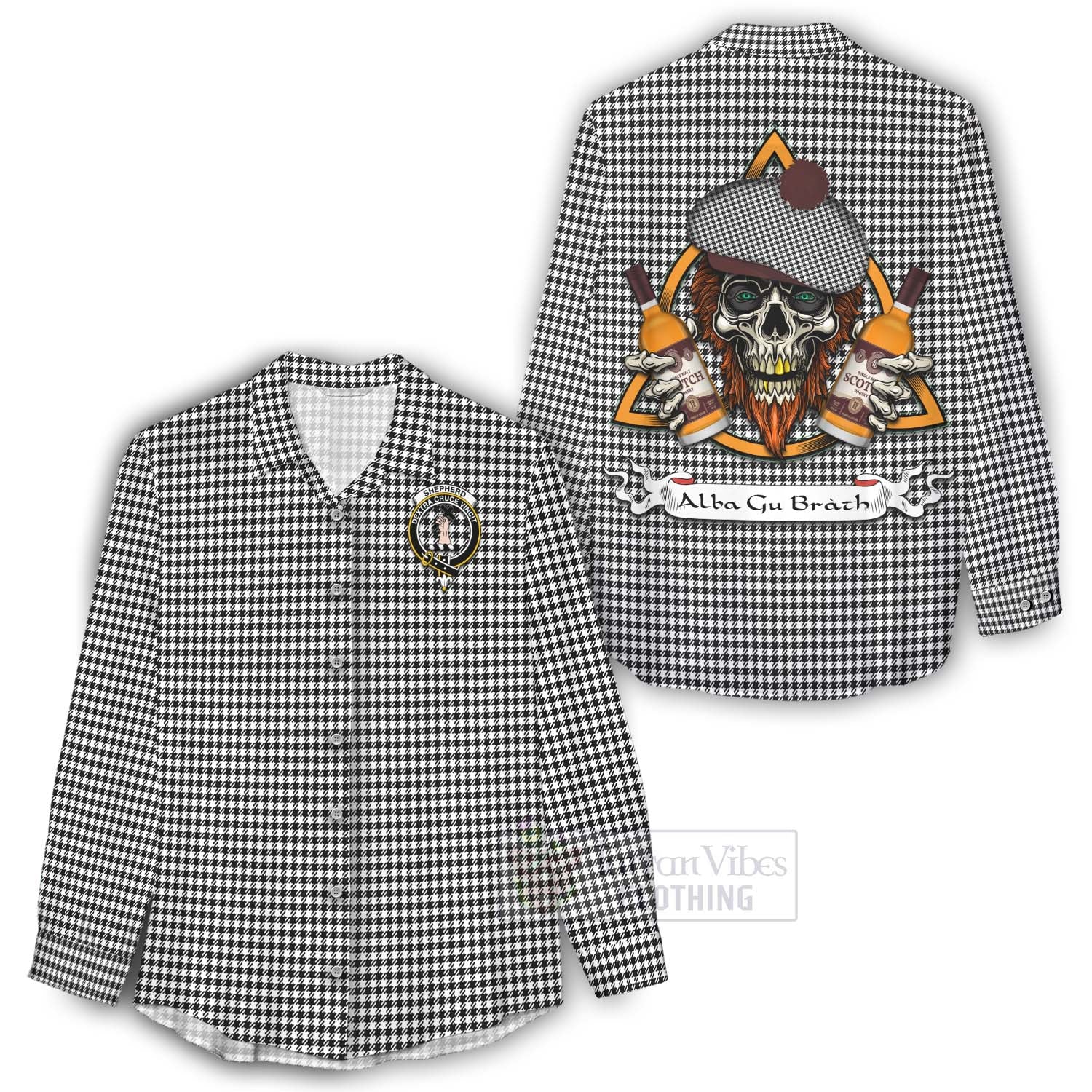 Tartan Vibes Clothing Shepherd Tartan Women's Casual Shirt with Family Crest and Bearded Skull Holding Bottles of Whiskey