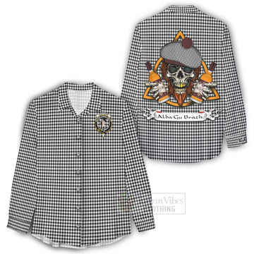 Shepherd Tartan Women's Casual Shirt with Family Crest and Bearded Skull Holding Bottles of Whiskey