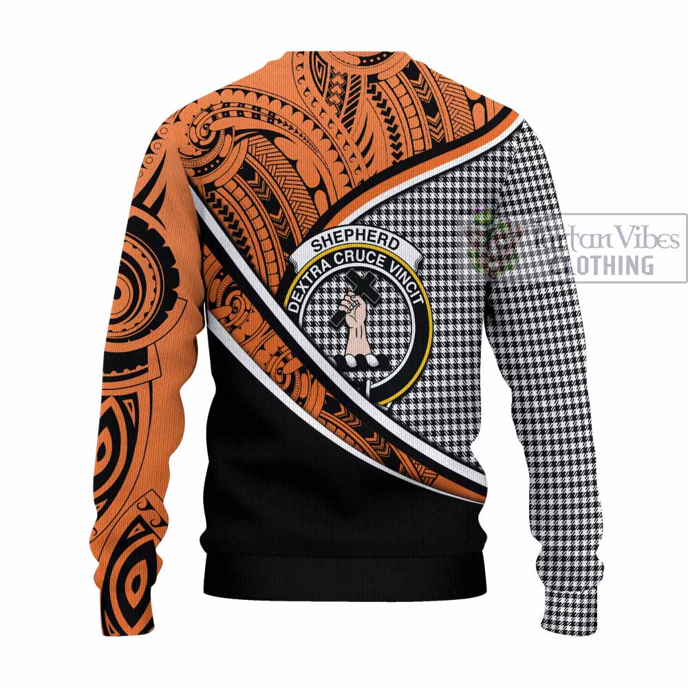 Tartan Vibes Clothing Shepherd Crest Tartan Knitted Sweater with Maori Tattoo Style - Orange Version