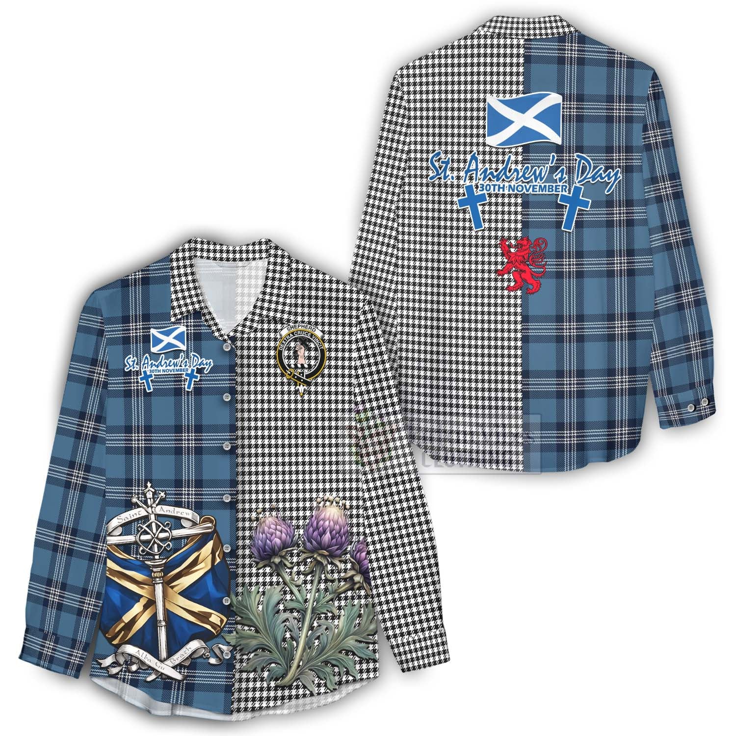 Tartan Vibes Clothing Shepherd Tartan Women's Casual Shirt Happy St. Andrew's Day Half Tartan Style